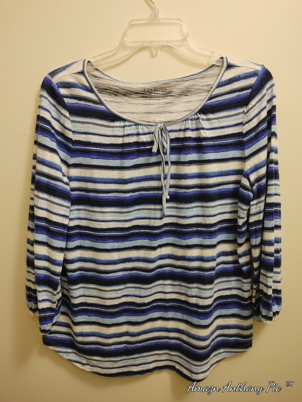 Talbots Blue and White Striped Tie-Front Scoop Neck Top